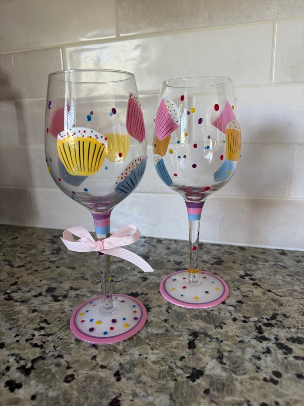 Hand-Painted Cupcake Wine Glasses - Pink, Yellow, Blue